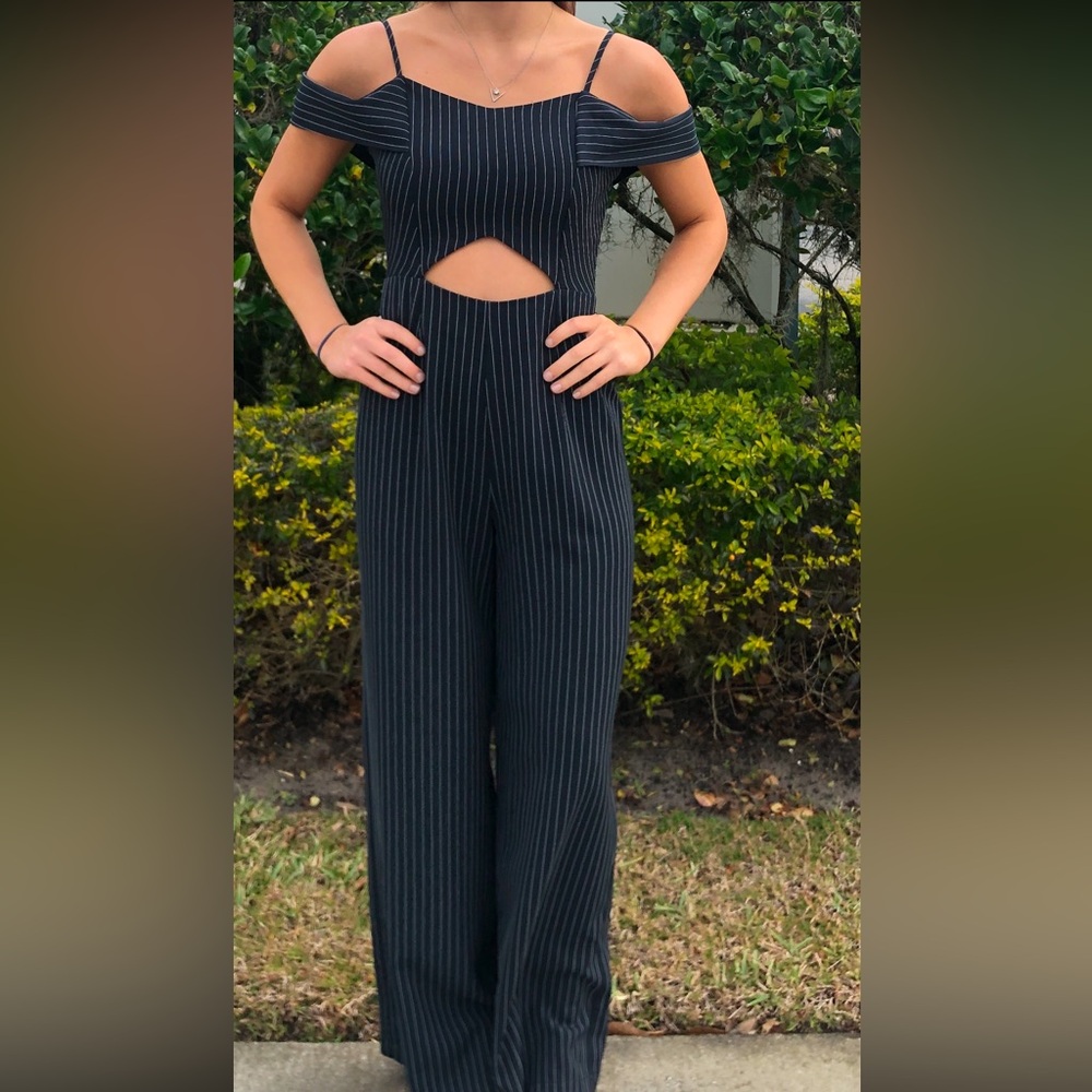 Elegant Black Pinstripe Jumpsuit with Wide-Leg Design